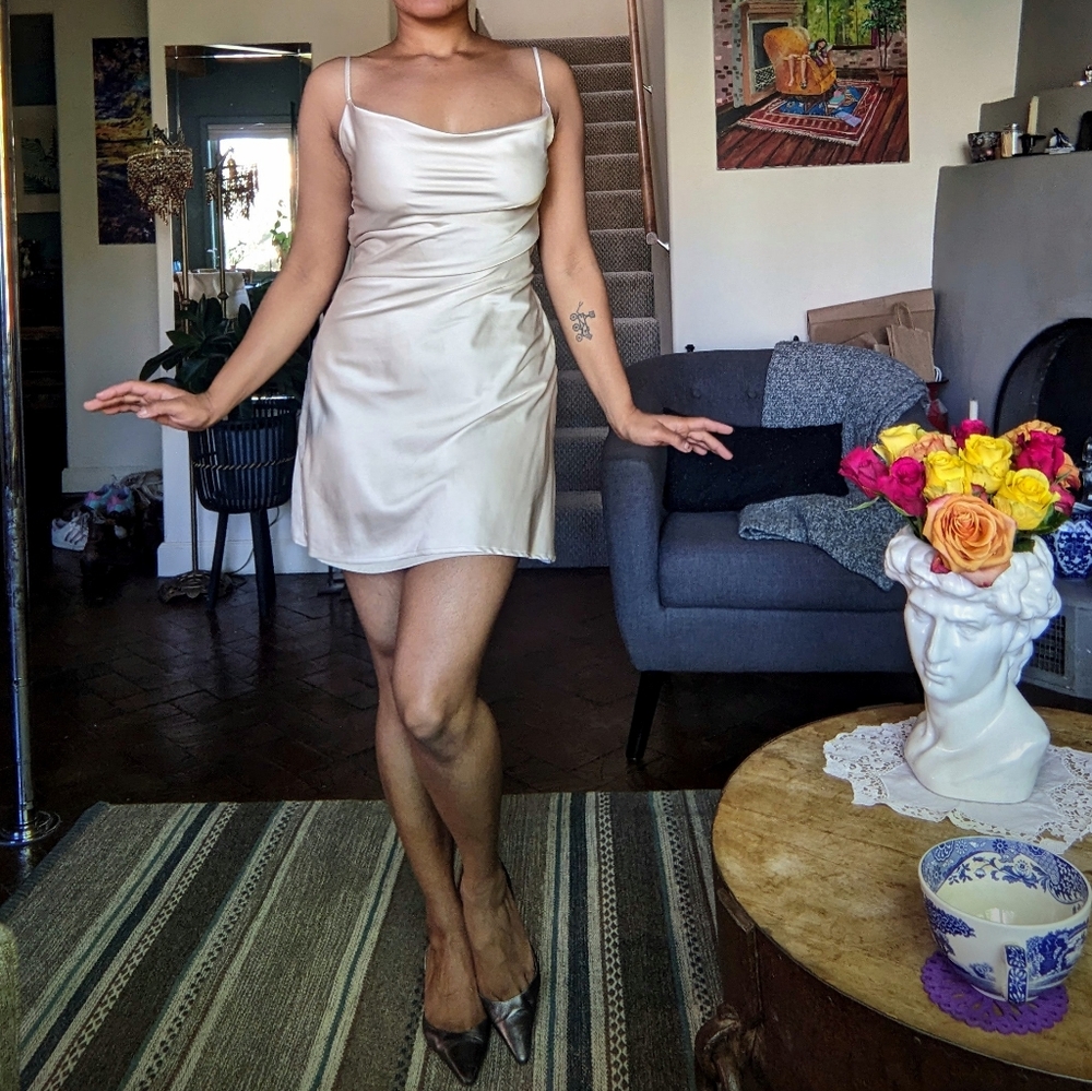 Garage Cream Satin Strappy Dress